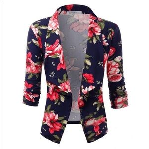Navy Curvy Floral Print Open Front Blazer